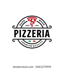 Pizzeria Vintage Vektorgrafik Logo. Weißer Hintergrund