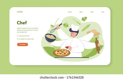 Pizzeria web banner or landing page. Chef cooking tasty delicious pizza. Italian food. Salami and mozarella cheese, tomato slice. Isolated vector illustration in cartoon style