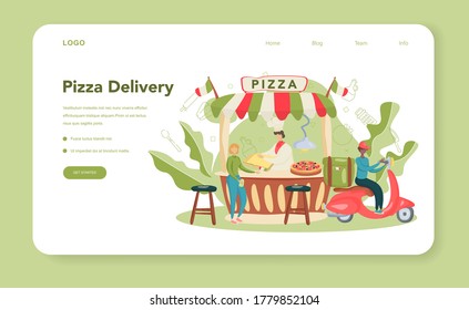 Pizzeria web banner or landing page. Chef cooking tasty delicious pizza. Italian food. Salami and mozarella cheese, tomato slice. Isolated vector illustration in cartoon style