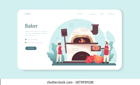 Pizzeria web banner or landing page. Chef cooking tasty delicious pizza. Italian food. Salami and mozarella cheese, tomato slice. Isolated vector illustration in cartoon style