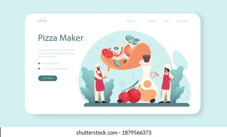 Pizzeria web banner or landing page. Chef cooking tasty delicious pizza. Italian food. Salami and mozarella cheese, tomato slice. Isolated vector illustration in cartoon style