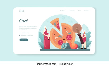 Pizzeria web banner or landing page. Chef cooking tasty delicious pizza. Italian food. Salami and mozarella cheese, tomato slice. Isolated vector illustration in cartoon style