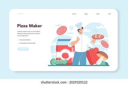 Pizzeria web banner or landing page. Chef cooking tasty delicious pizza. Italian food. Salami and mozarella cheese, tomato slice. Isolated vector illustration in cartoon style