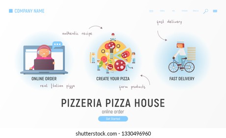 Pizzeria Website. Landing page - small cartoon people making pizza. E-commerce Concept. Fast food pizza delivery online service.  Vector illustration.