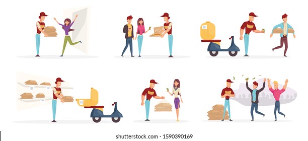 Pizzeria workers and customers characters set. Couriers delivering tasty pizza flat vector illustrations pack. Satisfied customers receiving orders. Fast food transportation service design elements