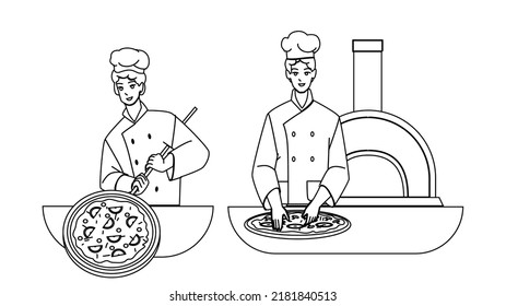 Pizzeria Workers Preparing Delicious Food Vector. Men On Pizzeria Restaurant Kitchen Cooking Tasty Pizza Together. Characters Guy Chefs Prepare Italian Dish black line illustration