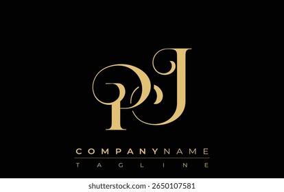 PJ Abstract Creative Jewelry Logo (em inglês). Um logotipo elegante com iniciais de monograma dourado em uma tipografia elegante e moderna, perfeito para a marca