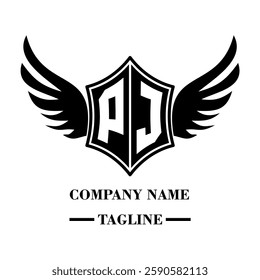 PJ bold shield logo with wings, customizable with letters A to Z. Perfect for brands seeking a powerful symbol of strength, freedom, and ambition