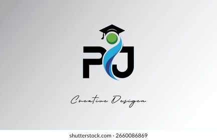 PJ Creative Letter Logo mit Graduiertenkappe und abstraktem Human - Modernes Bildungs- und Lernsymboldesign
