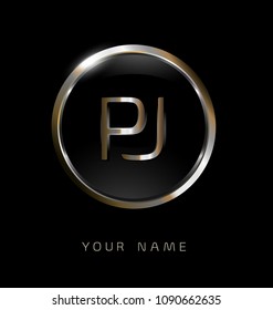 PJ initial letters with circle elegant logo golden silver black background