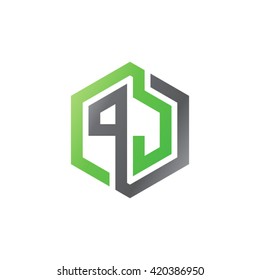 PJ initial letters looping linked hexagon logo black gray green