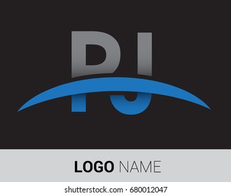 PJ initial logo company name colored grey and blue swoosh design.