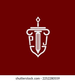 PJ initial logo monogram design for legal lawyer vector image with sword and shield