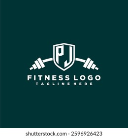 PJ initial monogram for fitnes or gym logo with creative shield and barbell design