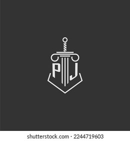 PJ initial monogram law firm with sword and pillar logo design