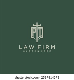 PJ initial monogram for law firm with sword and shield logo image