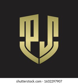 PJ Logo monogram with emblem shield shape design isolated gold colors on black background