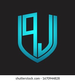 PJ Logo monogram with emblem shield design isolated with blue colors on black background