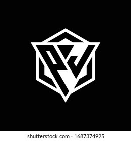 Monograma del logotipo PJ con la combinación de forma triángulo y hexagón aislados en colores dorados y blancos