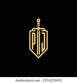PJ vintage shield and sword initial logo in high quality professional design that will print well across any print media