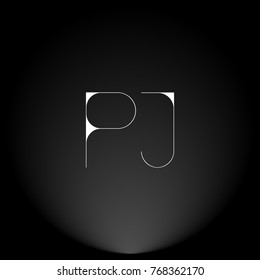 PJ White thin minimalist LOGO Design with Highlight on Black Background.