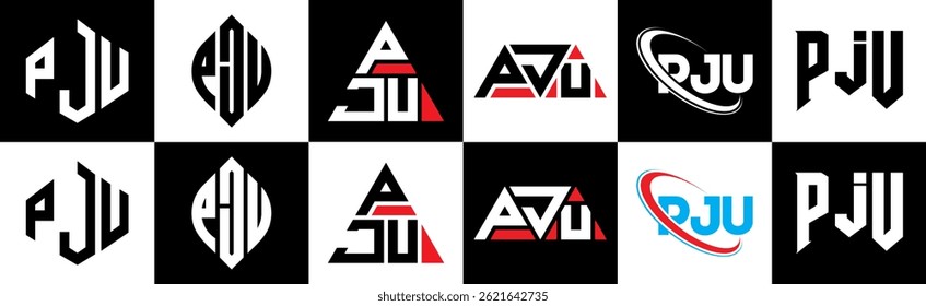 PJU letter logo design in six style. PJU polygon, circle, triangle, hexagon, flat and simple style with black and white color variation letter logo set in one artboard. PJU minimalist and classic logo