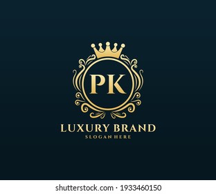 PK Letra inicial, texto dorado con monograma heráldico con mano floral femenina, diseño de logo de lujo de estilo antiguo.