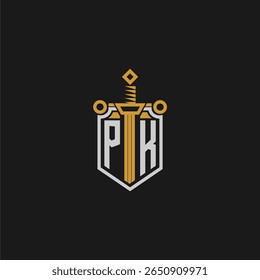 Monograma inicial PK para imagem em estilo escudo e espada