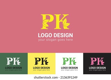 Logotipo ecológico de letras PK con hoja. Tipo de vectores para afiches de naturaleza, emblema ecológico, identidad vegana, tarjetas botánicas y de hierbas, etc. Ecología PK letras logotipo con hoja.