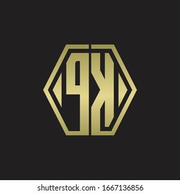 Monograma de logotipo PK con plantilla de diseño redondeado de línea hexagonal con colores dorados