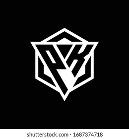 Monograma del logotipo PK con la combinación de forma triángulo y hexágono aislado en colores dorados y blancos