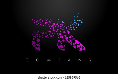 PK P K Letter Logo with Purple Blue Particles and Bubble Dots Design Vector.
