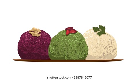 Pkhali,traditional georgian snack,appetizer with nuts,various vegetables or herbs and spices.Kartuli food,Sakartvelo cuisine.Cafe,restaurants menu illustration.Flat Vector isolated on white background