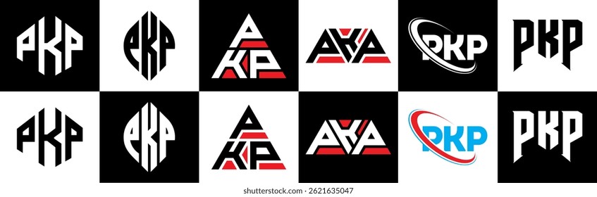 PKP letter logo design in six style. PKP polygon, circle, triangle, hexagon, flat and simple style with black and white color variation letter logo set in one artboard. PKP minimalist and classic logo