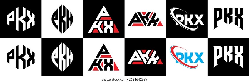 PKX letter logo design in six style. PKX polygon, circle, triangle, hexagon, flat and simple style with black and white color variation letter logo set in one artboard. PKX minimalist and classic logo