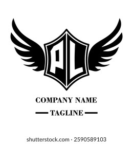 PL bold shield logo with wings, customizable with letters A to Z. Perfect for brands seeking a powerful symbol of strength, freedom, and ambition