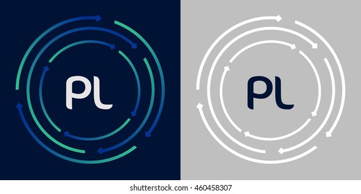 PL design template elements in abstract background logo, design identity in circle, letters business logo icon, blue/green alphabet letters, simplicity graphics
