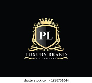 PL Initial Letter, Gold text with feminine floral hand drawn heraldic monogram, Antique vintage style luxury logo design.