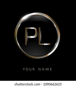 PL initial letters with circle elegant logo golden silver black background