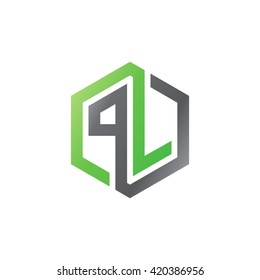 PL initial letters looping linked hexagon logo black gray green