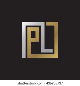 PL initial letters looping linked square elegant logo golden silver black background