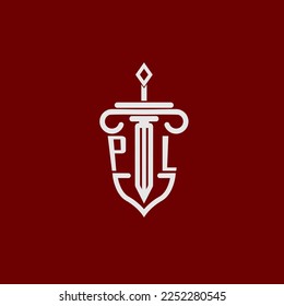 PL initial logo monogram design for legal lawyer vector image with sword and shield