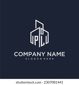 PL initial monogram logo for real estate with building style