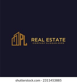 PL initial monogram logo for real estate with building style