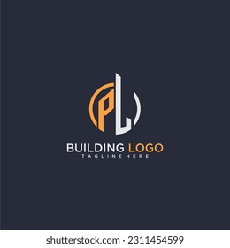 PL initial monogram logo for real estate with building style