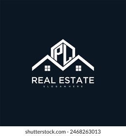 PL initial monogram logo for real estate with creative roof and home image design