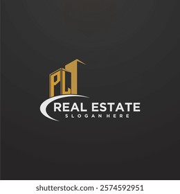 PL initial monogram logo for real estate with building style