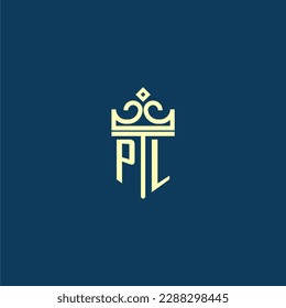 PL initial monogram shield logo design for crown vector image