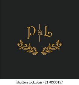 PL initial monogram wedding with creative leaf line