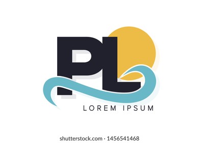 PL letter logo with ocean waves and sunset. Beach concept design
